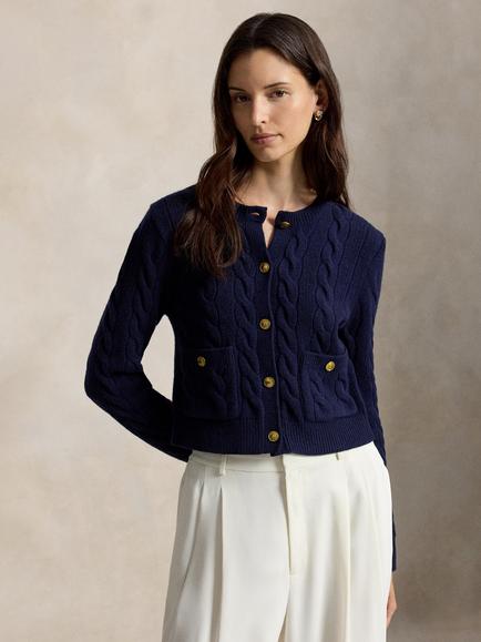 Polo Ralph Lauren Wool Rich with Cashmere Cable Knit Cardigan, Hunter Navy, Hunter Navy