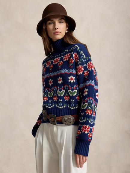 Polo Ralph Lauren Wool Blend Floral Knit High Neck Jumper, Blue/Multi, Blue Multi