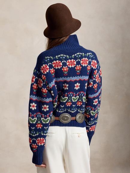 Polo Ralph Lauren Wool Blend Floral Knit High Neck Jumper, Blue/Multi - view 2, Blue Multi