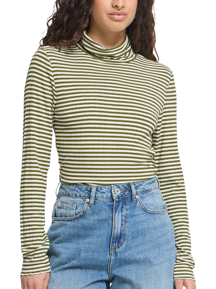ICHI Ihcella Long Sleeve Roll Neck Top, Calla Green/Cloud