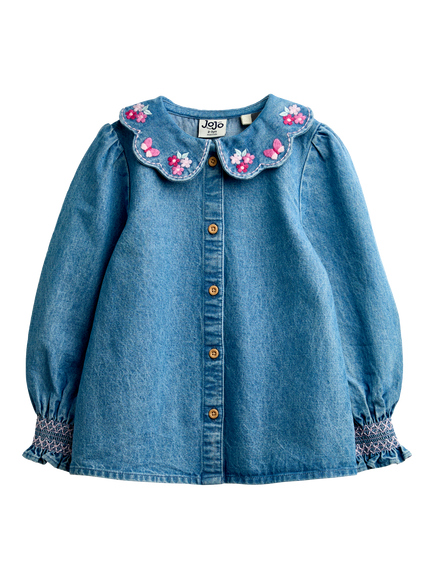 JoJo Maman Bébé Kids' Embroidered Denim Shirt, Blue, Blue