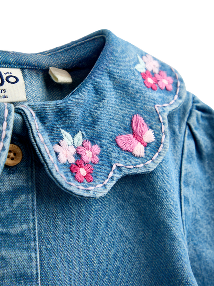 JoJo Maman Bébé Kids' Embroidered Denim Shirt, Blue - view 2, Blue