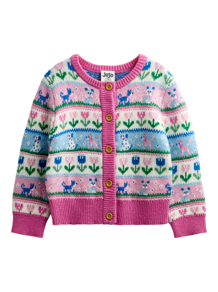 JoJo Maman Bébé Kids' Pets Fairisle Cardigan, Pink Marl, Pink Marl