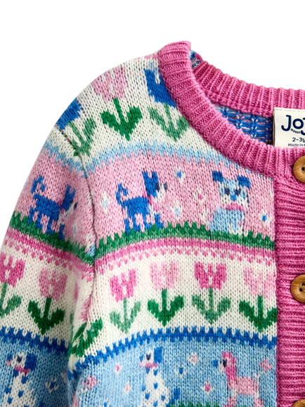 JoJo Maman Bébé Kids' Pets Fairisle Cardigan, Pink Marl - view 2, Pink Marl
