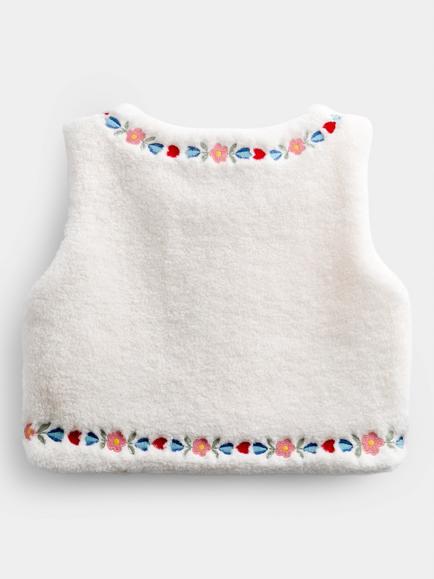 JoJo Maman Bébé Baby Floral Embroidered Fleece Gilet, Cream - view 2, Cream