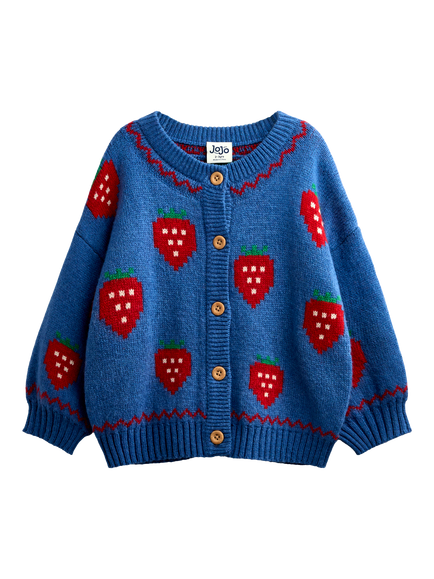 JoJo Maman Bébé Kids' Strawberry Intarsia Cardigan, Mid Blue, Mid Blue