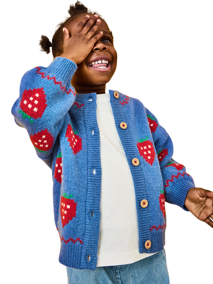 JoJo Maman Bébé Kids' Strawberry Intarsia Cardigan, Mid Blue - view 2, Mid Blue