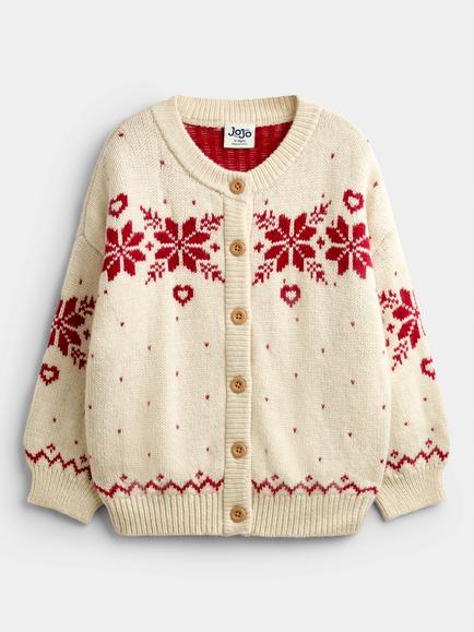 JoJo Maman Bébé Kids' Snowflake & Heart Cardigan with Cashmere, Cream, Cream