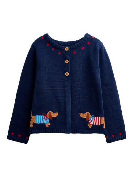 JoJo Maman Bébé Kids' Sausage Dog Appliqué Cardigan, Navy Blue, Navy Blue