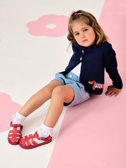 JoJo Maman Bébé Kids' Sausage Dog Appliqué Cardigan, Navy Blue - view 2, Navy Blue