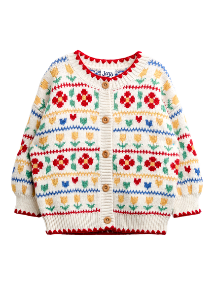 JoJo Maman Bébé Kids' Oversized Floral & Heart Fairisle Cardigan, Cream, Cream