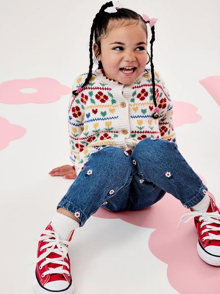 JoJo Maman Bébé Kids' Oversized Floral & Heart Fairisle Cardigan, Cream - view 2, Cream
