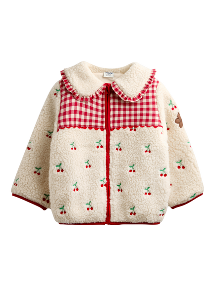 JoJo Maman Bébé Kids' Cherry Embroidered Gingham Fleece Jacket, Bright Red, Bright Red