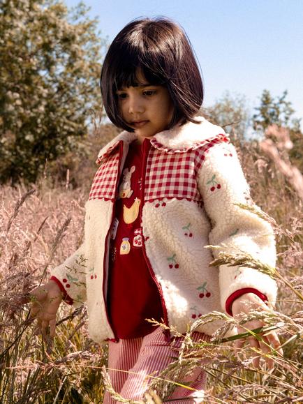 JoJo Maman Bébé Kids' Cherry Embroidered Gingham Fleece Jacket, Bright Red - view 2, Bright Red