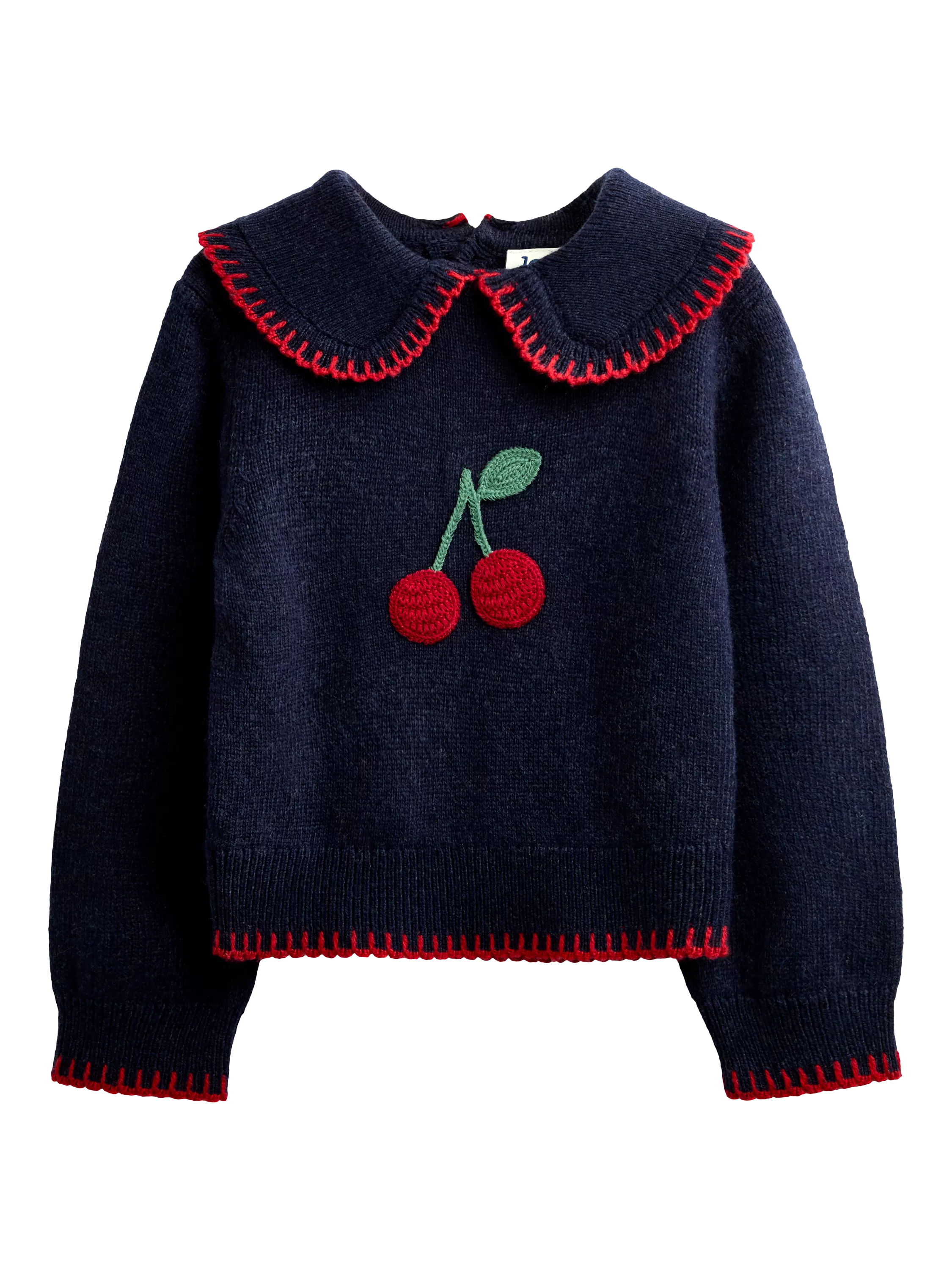 JoJo Maman Bébé Kids' Cherry Appliqué Frill Collar Jumper, Navy Blue