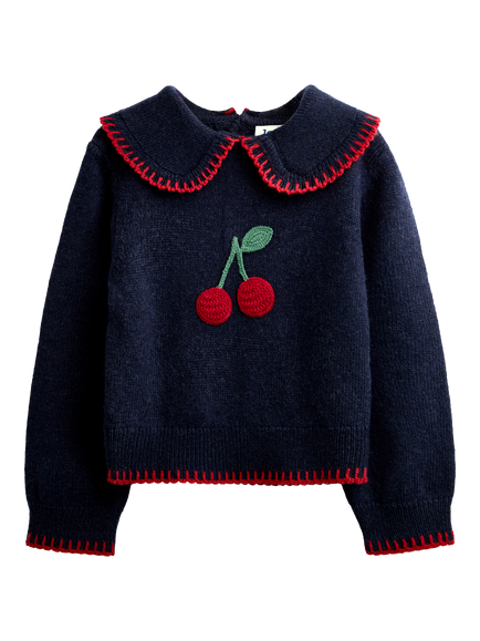 JoJo Maman Bébé Kids' Cherry Appliqué Frill Collar Jumper, Navy Blue, Navy Blue