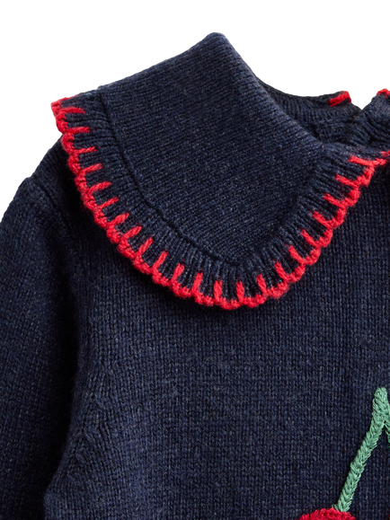 JoJo Maman Bébé Kids' Cherry Appliqué Frill Collar Jumper, Navy Blue - view 2, Navy Blue