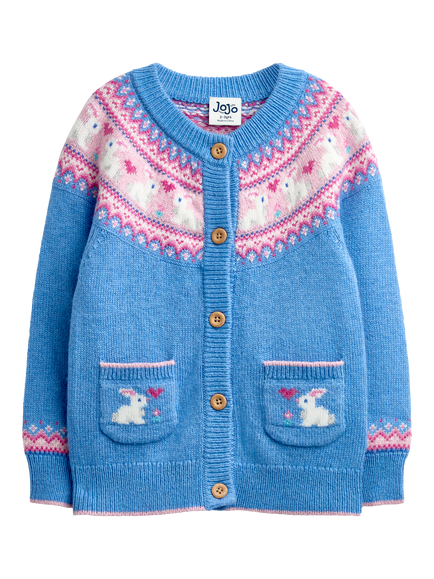 JoJo Maman Bébé Kids' Bunny Fairisle Cardigan, Mid Blue, Mid Blue