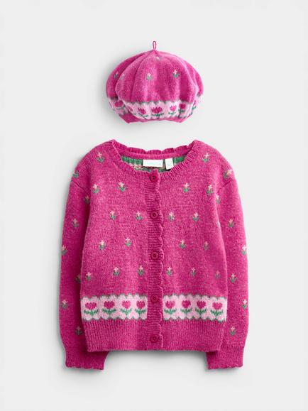 JoJo Maman Bébé Baby Floral Cardigan and Beret Set, Fucsia Pink, Fucsia Pink