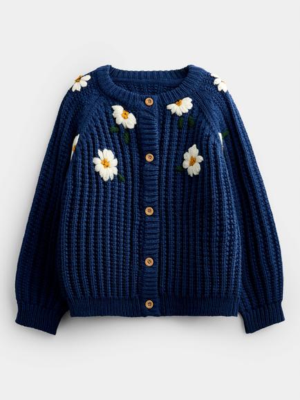 JoJo Maman Bébé Kids' Floral Rib Cardigan, Denim Blue, Denim Blue