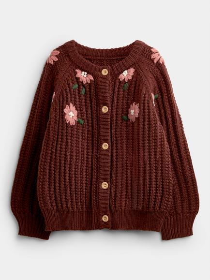 JoJo Maman Bébé Kids' Floral Embroidered Textured Cardigan, Mid Brown, Mid Brown