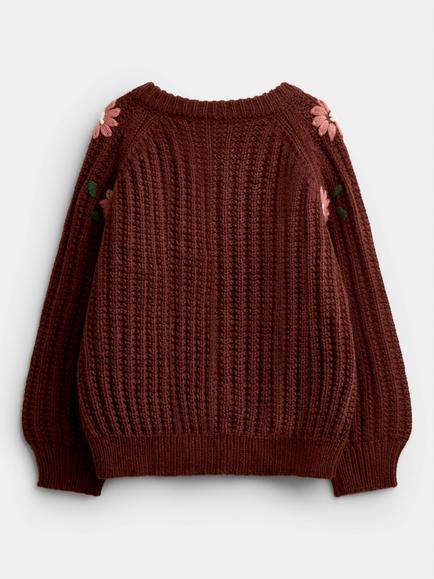 JoJo Maman Bébé Kids' Floral Embroidered Textured Cardigan, Mid Brown - view 2, Mid Brown