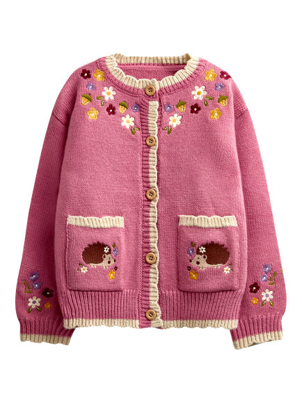 JoJo Maman Bébé Kids' Hedgehog Embroidered Scalloped Cardigan, Rust Orange, Rust Orange
