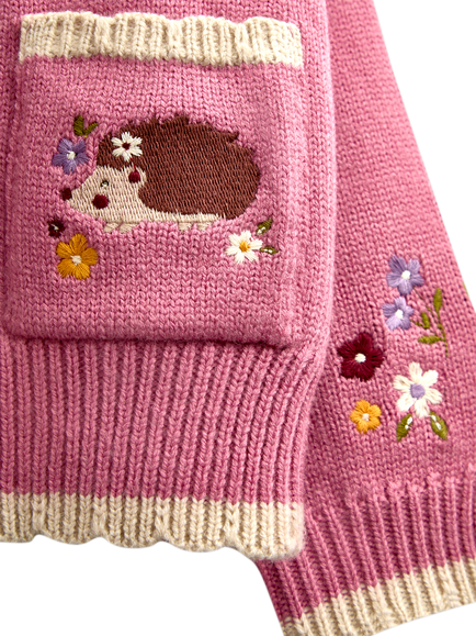 JoJo Maman Bébé Kids' Hedgehog Embroidered Scalloped Cardigan, Rust Orange - view 2, Rust Orange