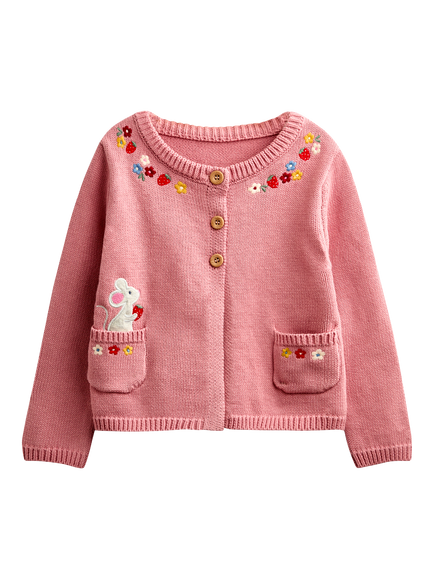 JoJo Maman Bébé Kids' Mouse Appliqué & Jam Pet In Pocket Cardigan, Light Pink, Light Pink