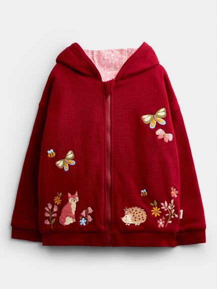 JoJo Maman Bébé Kids' Woodland Friends Reversible Hoodie, Burgundy, Burgundy Red