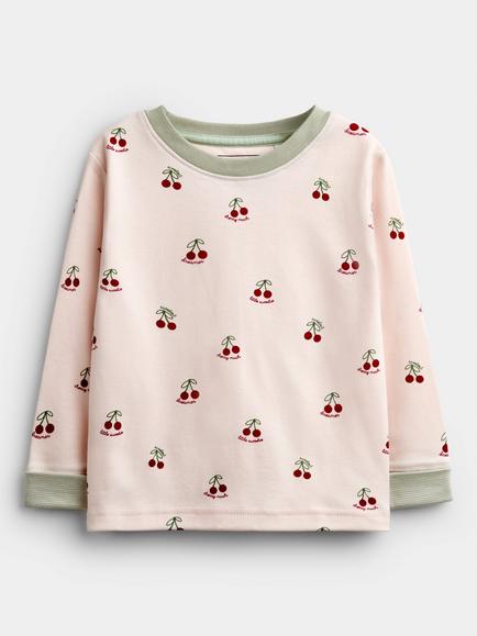 JoJo Maman Bébé Kids' Cotton Cherry Motif Long Sleeve Pyjama Set, Natural - view 2, Natural