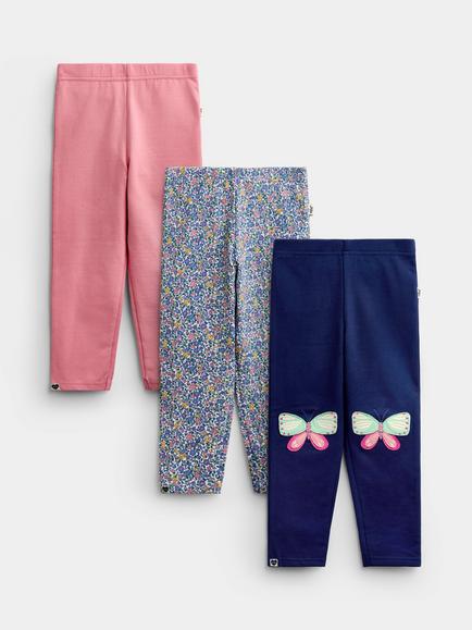 JoJo Maman Bébé Kids' Butterfly Leggings, Pack of 3, Blue/Multi, Blue/Multi
