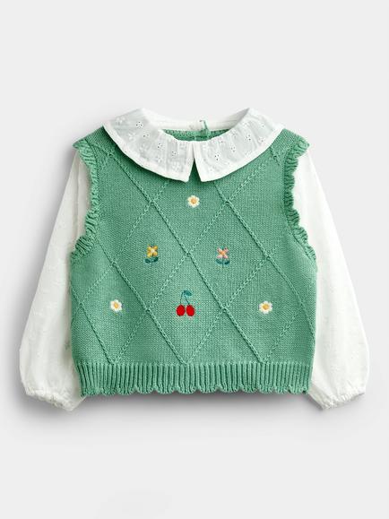 JoJo Maman Bébé Kids' Cotton Cherry Motif Long Sleeve Tank Top, Sage Green, Sage Green