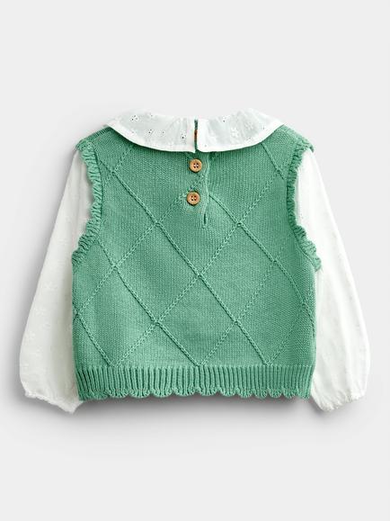 JoJo Maman Bébé Kids' Cotton Cherry Motif Long Sleeve Tank Top, Sage Green - view 2, Sage Green