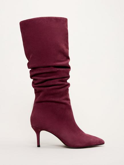 Phase Eight Suede Ruched Knee High Heeled Boots, Dark Red, Dark Red