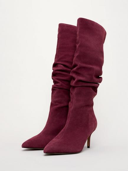 Phase Eight Suede Ruched Knee High Heeled Boots, Dark Red - view 2, Dark Red