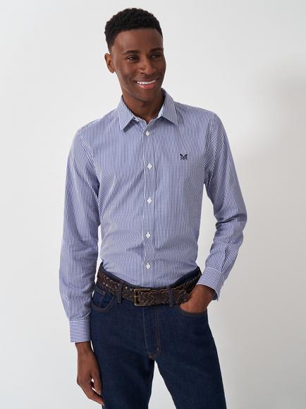 Crew Clothing Micro Gingham Check Cotton Shirt, Blue/White, Blue/White