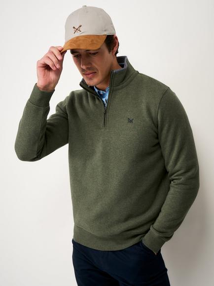 Crew Clothing Half Zip Cotton Blend Sweatshirt, Olive Green
