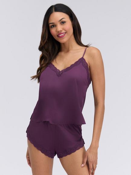 Boux Avenue Daisy Satin Short Cami Pyjama Set, Plum, Plum