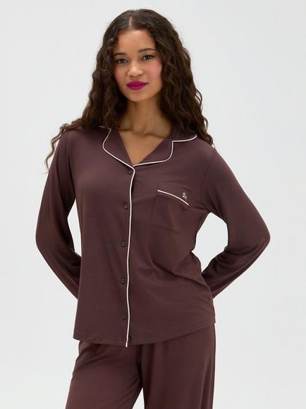 Boux Avenue Piping Long Pyjama Set, Brown, Brown