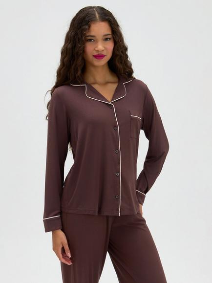 Boux Avenue Piping Long Pyjama Set, Brown - view 2, Brown
