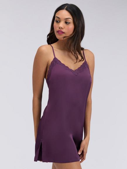 Boux Avenue Daisy Satin Short Chemise, Plum - view 2, Plum