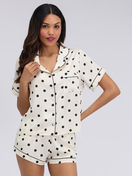 Boux Avenue Large Polka Dot Satin Short Pyjama Set, Ivory/Black, Ivory/Black
