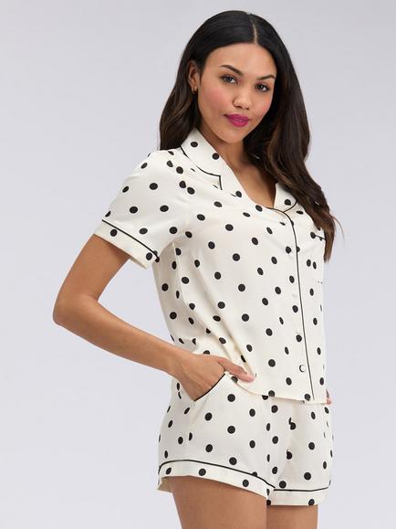 Boux Avenue Large Polka Dot Satin Short Pyjama Set, Ivory/Black - view 2, Ivory/Black