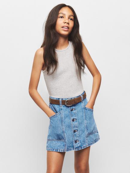 Mango Kids' Mid Rise Button Front Denim Skirt, Mid Blue, Mid Blue