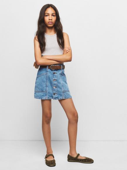 Mango Kids' Mid Rise Button Front Denim Skirt, Mid Blue - view 2, Mid Blue