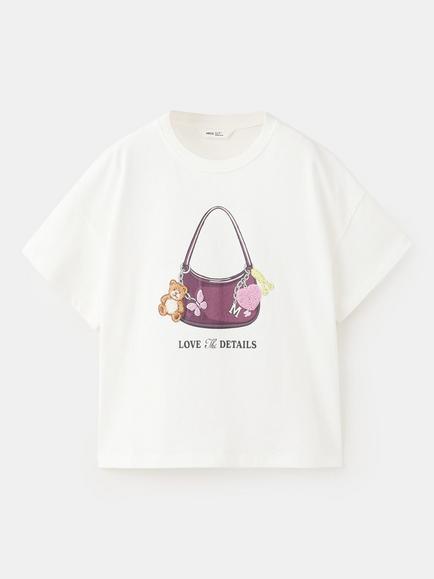 Mango Kids' Cotton Bag Graphic T-Shirt, Off White, Off White