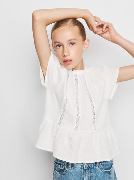 Mango Kids' Lace T-Shirt, Off White, Off White