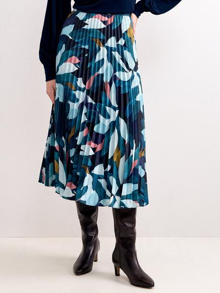 Phase Eight Petite Ebony Abstract A-Line Pleated Midi Skirt, Blue, Blue