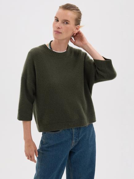 HUSH Chunky Short Sleeve Pure Cashmere Top, Khaki